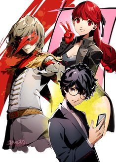 three anime characters standing next to each other with one holding a cell phone in his hand