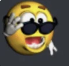 a smiley face with sunglasses on it's head and one hand in the air