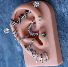 there are many different types of piercings on this fake human earring, and it looks like they're wearing them