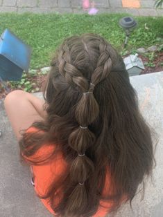 Two Braids Into Half Up Half Down, Half Up Half Down Hair With Two Braids, Cheer Bubble Braids, Half Up Half Down With Bubble Braid, Half Up Half Down Braid Styles, Bubble Braid On Curly Hair, Half Up Half Down Braid Hairstyles, French Braids Half Up Half Down, French Braid Hairstyles Half Up