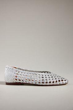 Hand-braided leather upper Leather insole Thunit sole Slip-on styling Imported | Sessi 10 Flats by Anonymous Copenhagen in Silver, Women's, Size: 36, Leather at Anthropologie Spring Woven Leather Flats With Round Toe, Leather Flats With Intrecciato Weave For Spring, Spring Slip-on Woven Leather Flats, Spring Flats With Intrecciato Weave And Round Toe, Spring Flats With Woven Leather, Synthetic Woven Leather Flats, Summer Woven Leather Pointed Toe Flats, Braided Leather, Shoe Shop