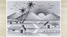 a drawing of houses and palm trees with birds flying over the mountains in the background