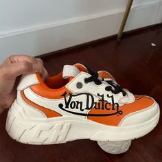 Great Condition, Gently Used, Authentic. Dutch Shoes, White Chunky Sneakers, Von Dutch, Size 8 Women, Chunky Sneakers, Black Orange, Color Orange, Womens Shoes Sneakers, Orange Black