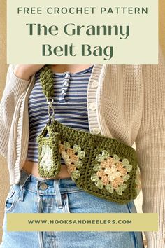 a crocheted granny bag with the text free crochet pattern, the granny belt bag