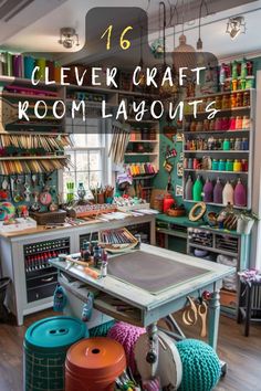 a room with lots of crafting supplies on the shelves and in front of it is a sewing machine