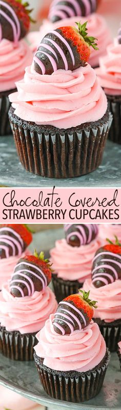 chocolate covered strawberry cupcakes with pink frosting and strawberries in the middle