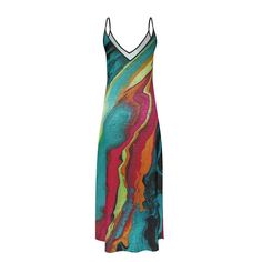 Frelisa Fabulous uses bold and energetic colors in her paint-pour artwork and then incorporates the artwork onto a Slip Dress. Our artistic designs and materials will transform a woman into a priceless walking gem for any evening or cocktail occasion. All eyes will be on her. The three fabric choices are exemplary; the pure silk satin gives a silky and sensual feel. Butterfly Smooth Crêpe is excellent if a woman wants a lightweight, floaty dress. Lustrous Seduction Poly Satin would be considered Multicolor Abstract Print Maxi Dress For Party, Multicolor V-neck Digital Print Dress, Artistic Multicolor Beach Dress, Artistic Multicolor Party Dress, Artistic Multicolor Graphic Print Dress, Floaty Dress, All Eyes, All About Eyes, Second Skin