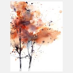 watercolor painting of trees with orange leaves