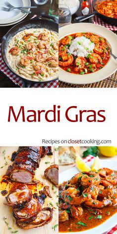 the recipe for mardi gras is shown in three different pictures and includes shrimp, pasta