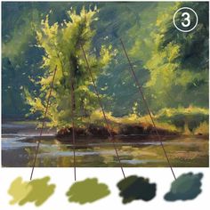 an image of some water and trees in the background with color swatches to choose from