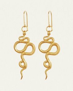 Shop our Snake Earrings Gold in cross brushed 18K Gold Vermeil. Serpent dangle statement earrings designed in Byron Bay, Australia. Serpent Ring, Prom Earrings, Inner Wisdom, Snake Jewelry, Snake Earrings, Sun Sign, Life Force, Mystical Creatures, Vermeil Jewelry