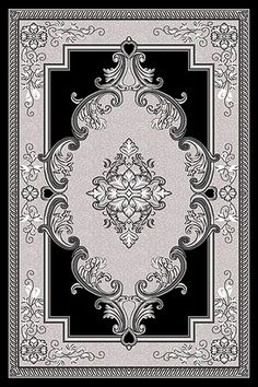 a black and white area rug with an ornate design on the center, surrounded by scrolls