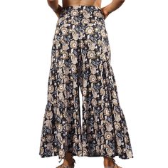 Black Digital Print Cropped Wide Leg Boho Pants with Tie Bohemian Black Pants, Black Floral Print High-waisted Pants, Black Wide Leg Pants For The Beach, Black Ankle-length Wide Leg Pants For Summer, Black Floral Print Pants For Vacation, Loosely Fitted Black Bottoms For Beach, Black High-waisted Wide Leg Beach Pants, Black High-waisted Wide Leg Pants For Beach, High-waisted Black Wide Leg Pants For Beach