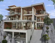 this is an artist's rendering of a modern house on the cliff with stairs leading up to it