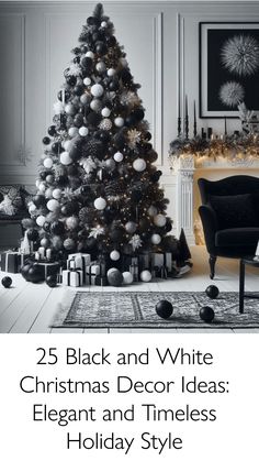 a black and white christmas tree in a living room