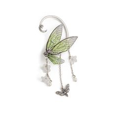 a green and white butterfly brooch with pearls hanging from it's back end