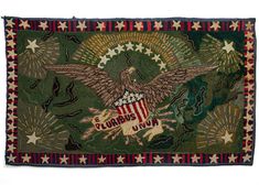 Depression Era N American hooked rug featuring a stars and stripes border and an eagle carrying a red, white and blue shield with a banner reading 'E Pluribus Unum' on a green field. Recently professionally restored, this piece is in excellent condition. Rug Hooking Designs, Blue Shield, Crochet Toys Free, Hook Rug, Rug Studio, Wool Embroidery, American Folk Art, An Eagle, Diy Rug