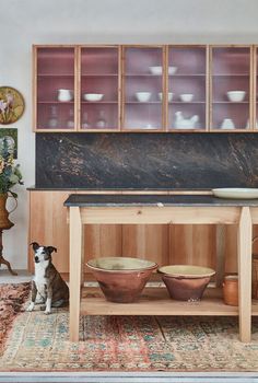 Small dog with massive ceramic bowls in a beautiful kitchen with a wood work table and a backdrop of fluted glass cabinets and quartzite. Door Alternatives, Unfitted Kitchen, London Design Week, Interiors Magazine, Bamboo Furniture, Flute Glass, Kitchen Worktop