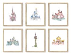 four framed pictures with disney castle drawings on them