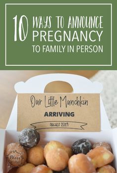 a box filled with lots of different types of donuts in it and the words 10 ways to announce pregnant to family in person