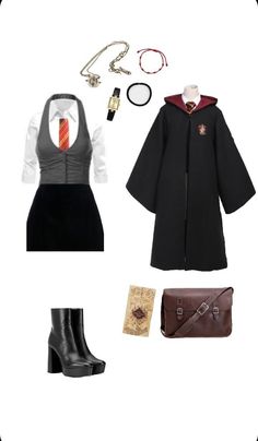 a harry potter costume and accessories including boots, necklaces, book bag