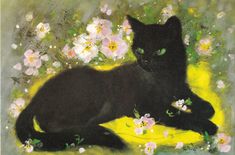 a painting of a black cat sitting in front of flowers