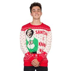 Elf Buddy Santa I Know Him Ugly Christmas Sweater Easy 30 day return policy Men In Sweaters, Elf Buddy, Goat Christmas, Santa I Know Him, Ugly Sweater Contest, Xmas Sweaters, Work Christmas Party, The Company You Keep, Elf Movie