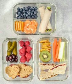 three plastic containers filled with different types of food and fruit on top of each other