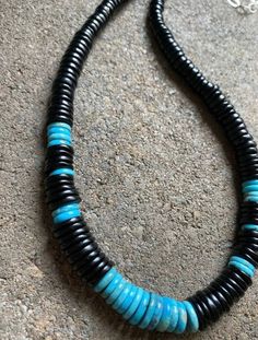 Sterling Silver Graduated Black Onyx with Turquoise Bead Necklace. 17 Inch Southwestern Black Round Bead Necklaces, Handmade Southwestern Black Beads, Handmade Adjustable Black Turquoise Necklace, Adjustable Black Beaded Turquoise Necklace, Handmade Black Turquoise Necklace With Round Beads, Black Single Strand Bohemian Beads, Black Bohemian Single Strand Beads, Bohemian Black Single Strand Beads, Turquoise Bead Necklaces