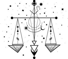 the balance scale with stars and moon symbols on it, in black and white illustration