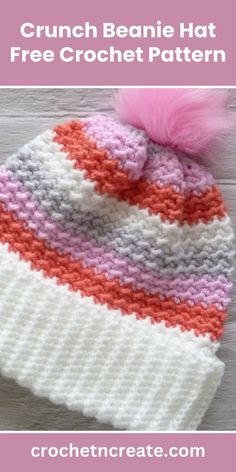 a crocheted beanie hat with pink and white stripes