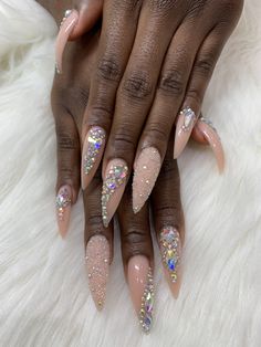 Stelltos Nails, Rhinestone Birthday Nails, Ombré Nails With Gems, Almond Nails With Pearls, Stiletto Nails Designs Classy, Medium Stilleto Nails, Almond Nails With Rhinestones, Birthday Nails Stiletto