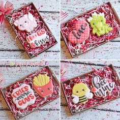 four different pictures of decorated cookies in a box