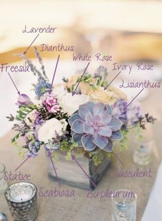 an arrangement of flowers on a table with labels labeled in english and spanish, including succulents, lavender, daisies, white rose, ivory rose, lisiananthus