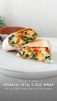 an advertisement for spinach, feta, and egg wraps on a white plate