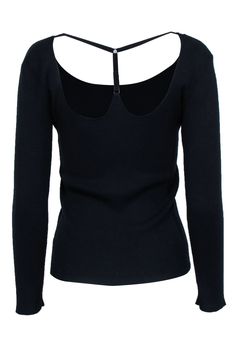 This isn't just your average knit top. The harness design detail at the back adds a punky little vibe to this simple and classic silhouette. We would love to see this stretch knit paired with high waisted jeans and Doc Martens for the best cool chick ensemble. Size L 62% Viscose, 38% Polybutylene Unlined Pullover Long sleeves Round neckline Harness detail at back Bust 30" Waist 22" Shoulder to hem 23" Edgy Elastane Tops For Fall, Edgy Tops For Fall, Edgy Ribbed Stretch Tops, Black Elastane Top For Winter, Black Elastane Tops For Winter, Chic Black Top With Ribbed Neckline, Black Knit Top With Ribbed Neckline For Layering, Fine Knit Fitted Top For Night Out, Fitted Fine Knit Top For Night Out