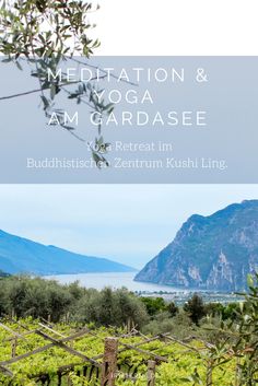 the cover of meditation and yoga in am gardase, with mountains in the background