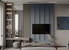 a bedroom with a large tv mounted on the wall