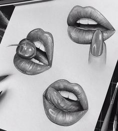 a pencil drawing of four different lips