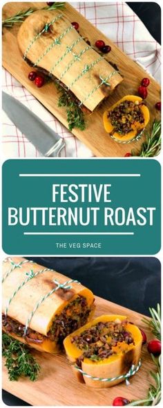 festive butternut roast recipe on a cutting board with text overlay that reads festive butternut roast the veg space