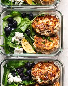 three glass containers filled with different types of vegetables and meat patties on top of each other