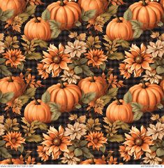 an image of pumpkins and flowers on a black background with plaid fabric for wallpaper