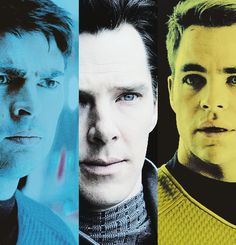 three men in star trek costumes, one with blue eyes and the other wearing yellow