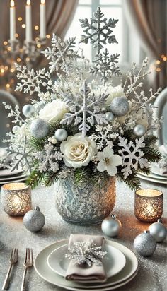 a christmas centerpiece with silver and white decorations