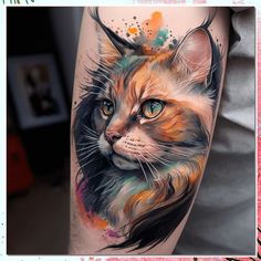 a cat with blue eyes is shown on the leg and it's colorful paint splat