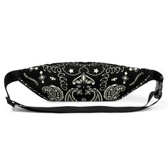 Water-resistant polyester moon bag in black. Adjustable webbing belt-style strap with press-release fastening. E Pluribus Unum paisley print in ivory throughout. Interior pocket. Double zip closure at main compartment. Black hardware. Approx. 13" length x 6.5" height x 3" width. Material: 100% polyester Color: Black Please allow up to 3 weeks for processing and delivery.Shipped separately. Black Shoulder Bag With Removable Pouch, Black Shoulder Bag With Removable Pouch And Adjustable Strap, Black Shoulder Bag With Cell Phone Pocket For Festivals, Black Belted Bag For Festival, Black Belt Bag With Adjustable Strap For Festivals, Webbing Belt, Belt Style, Denim Accessories, Black Hardware