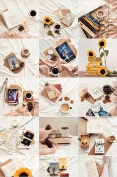 a collage of photos with sunflowers, books and other things on them