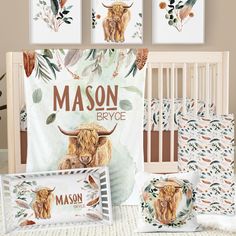 a baby crib bedding set with an image of a bison