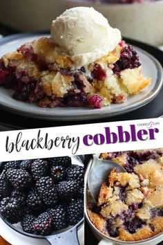 blackberry cobbler collage with ice cream on top and blueberry cobble below