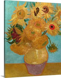 a painting of sunflowers in a vase on a table